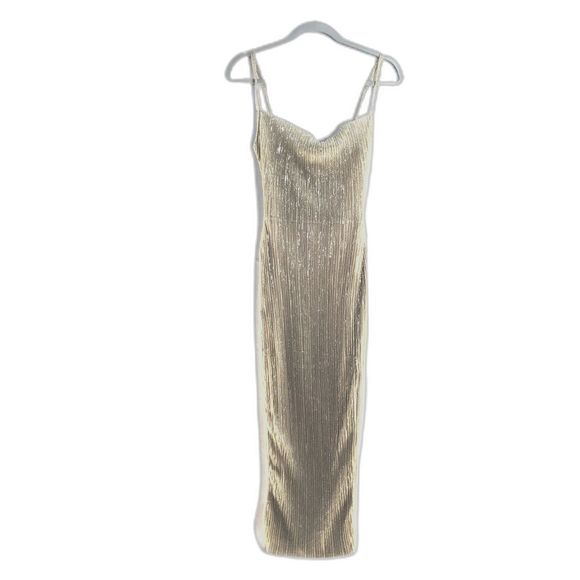 NWT PrettyLittleThing US 6 UK 10 Shape Pleated Gold Plisse Cowl Neck Midi Dress - Picture 2 of 12